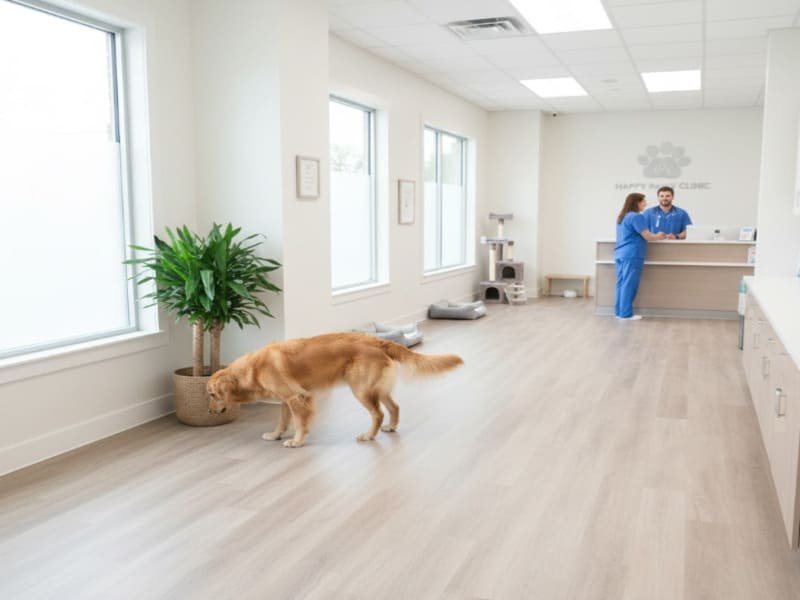 Modernes Kücheninterieur mit wasserfestem SPC-Vinylbodenbelag, der für Nassbereiche geeignet ist